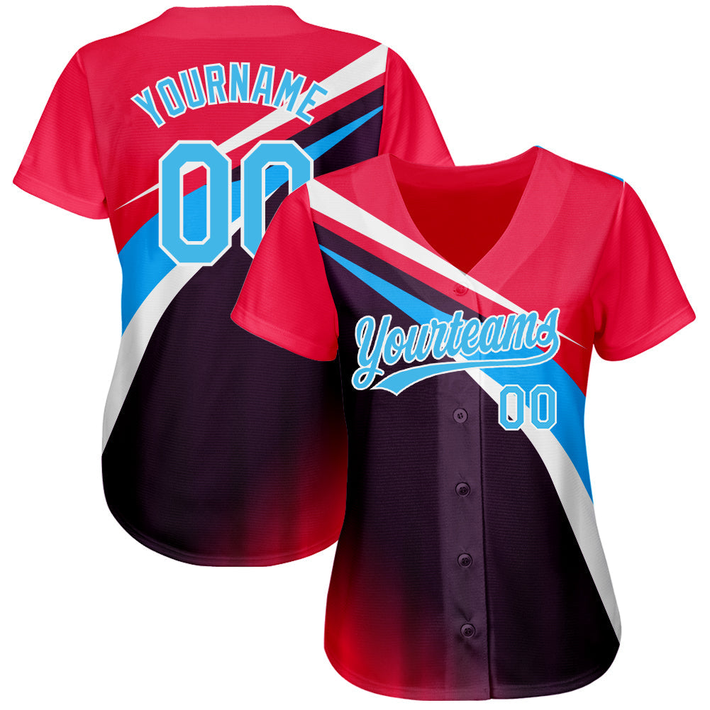 Custom Neon Pink Sky Blue Purple-White 3D Pattern Design Abstract Sport Authentic Baseball Jersey view 2