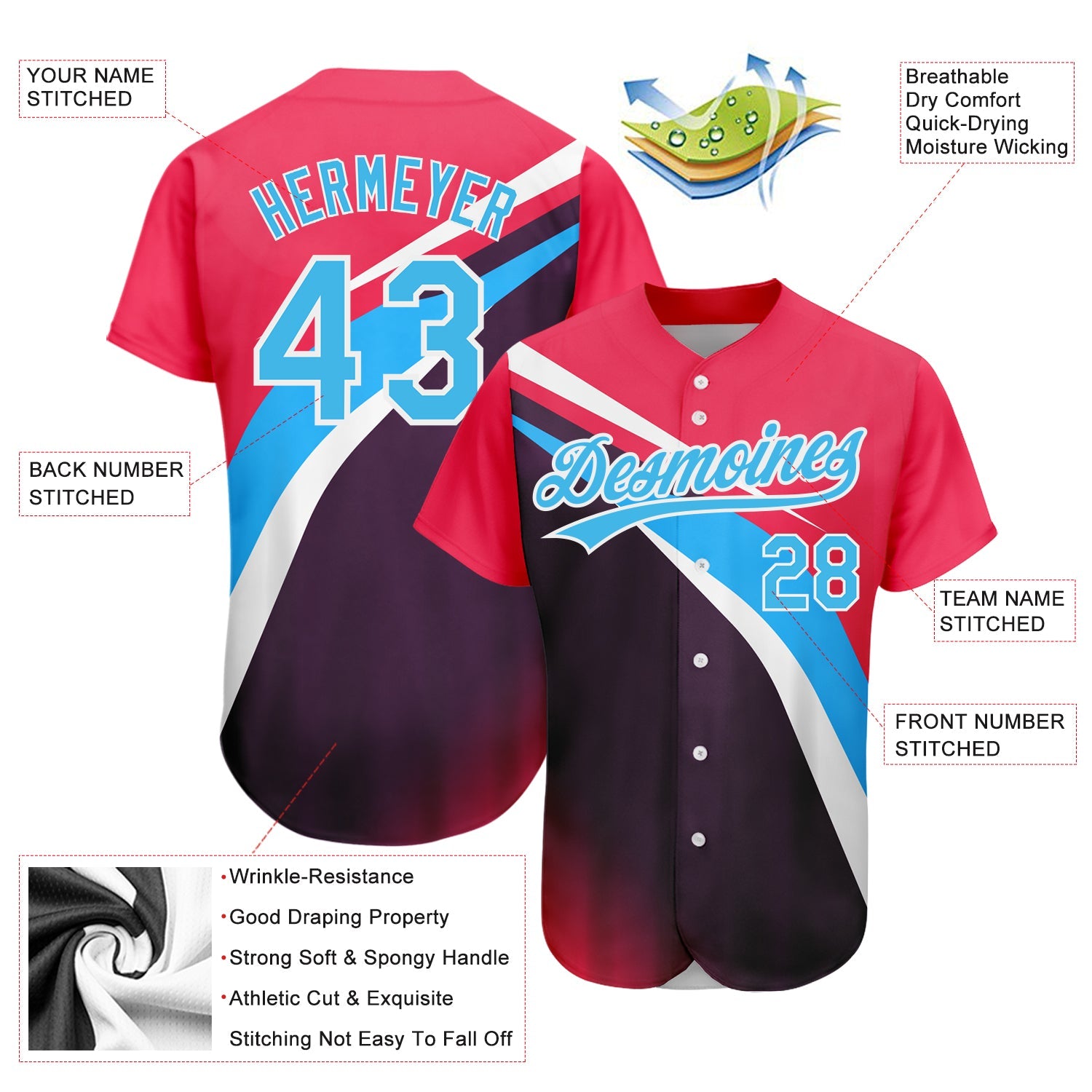 Custom Neon Pink Sky Blue Purple-White 3D Pattern Design Abstract Sport Authentic Baseball Jersey view 3