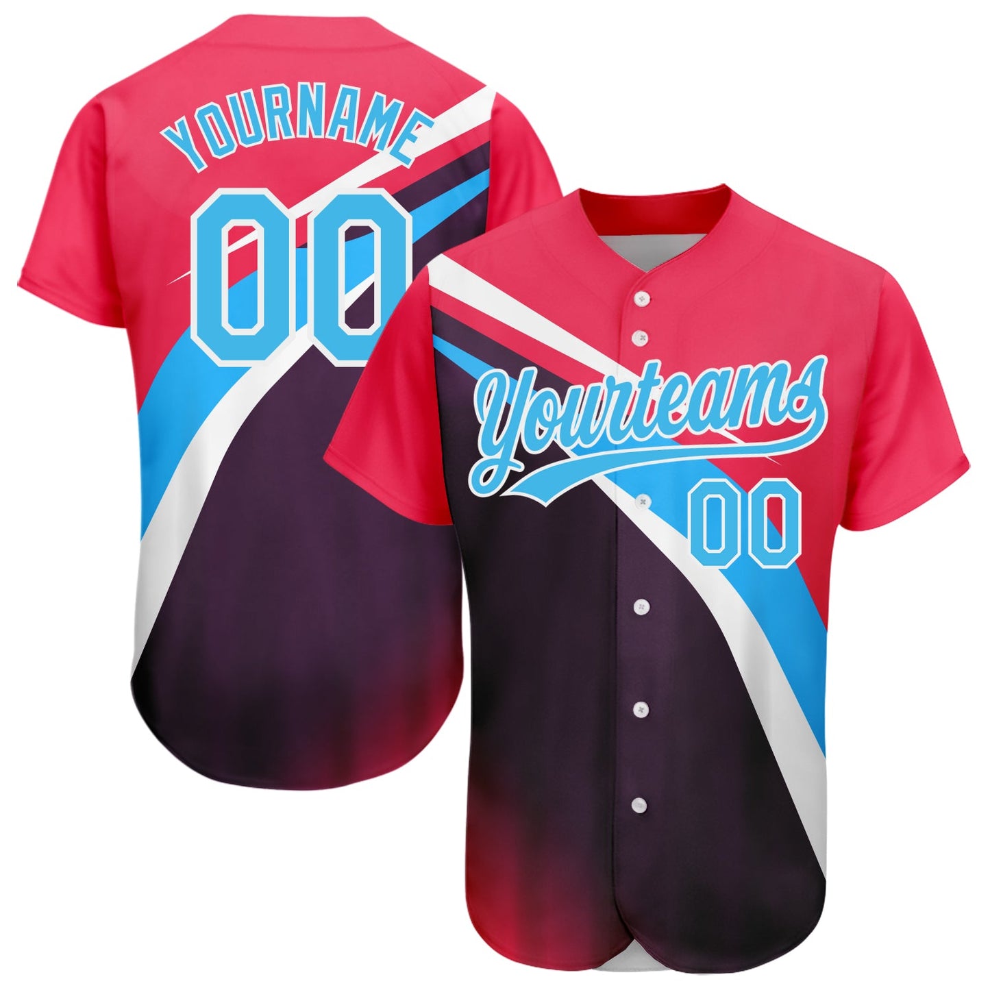 Custom Neon Pink Sky Blue Purple-White 3D Pattern Design Abstract Sport Authentic Baseball Jersey - Main View