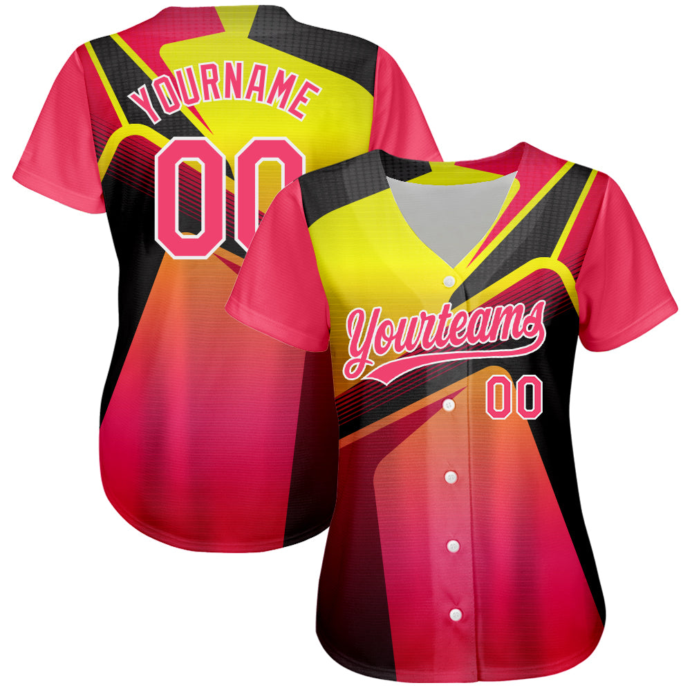Custom Neon Pink Neon Yellow-White 3D Pattern Design Abstract Sport Authentic Baseball Jersey view 2