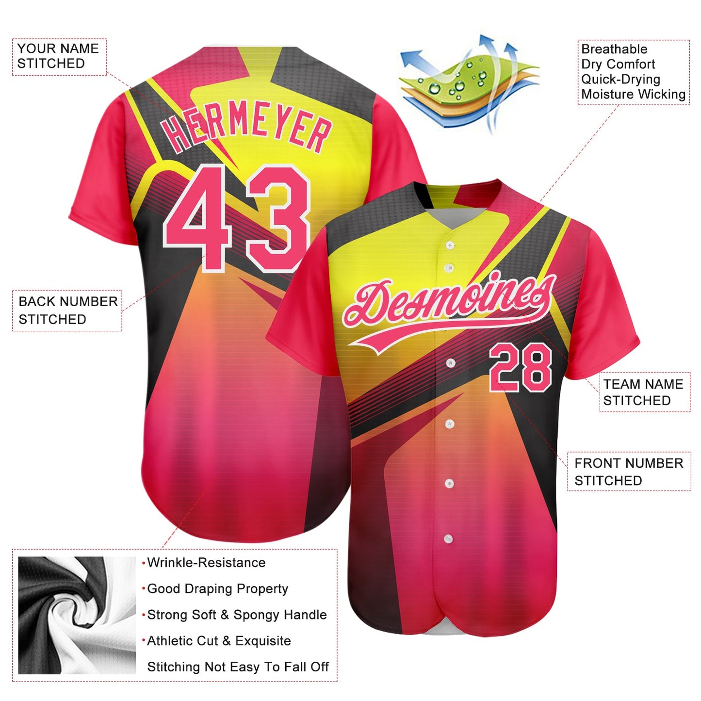 Custom Neon Pink Neon Yellow-White 3D Pattern Design Abstract Sport Authentic Baseball Jersey view 3