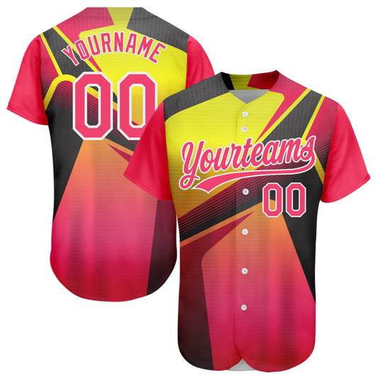 Custom Neon Pink Neon Yellow-White 3D Pattern Design Abstract Sport Authentic Baseball Jersey - Main View