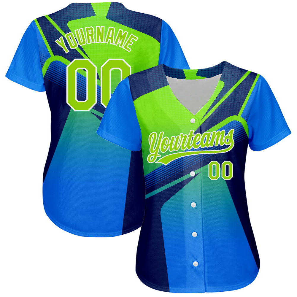 Custom Royal Neon Green-White 3D Pattern Design Abstract Sport Authentic Baseball Jersey view 2