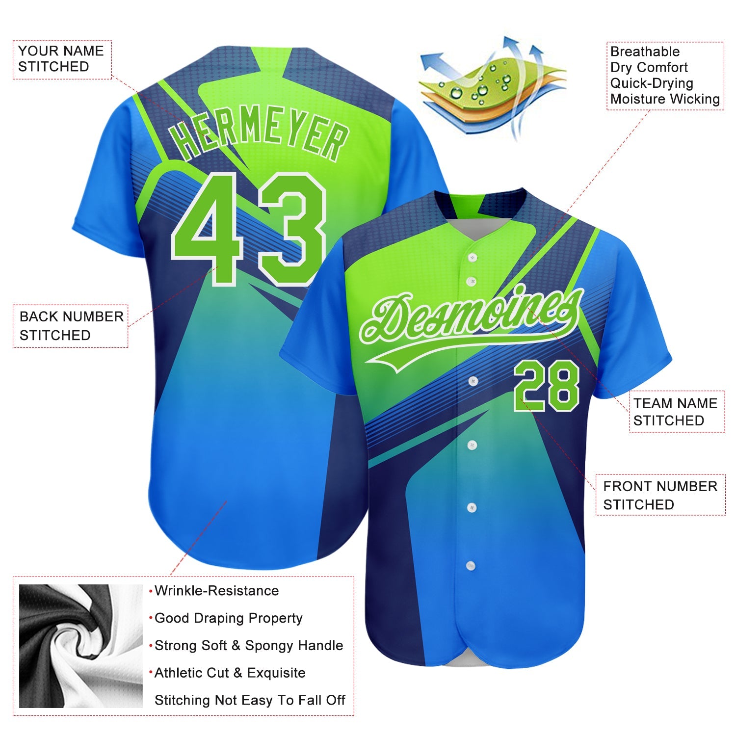 Custom Royal Neon Green-White 3D Pattern Design Abstract Sport Authentic Baseball Jersey view 3