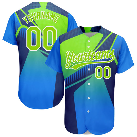 Custom Royal Neon Green-White 3D Pattern Design Abstract Sport Authentic Baseball Jersey - Main View
