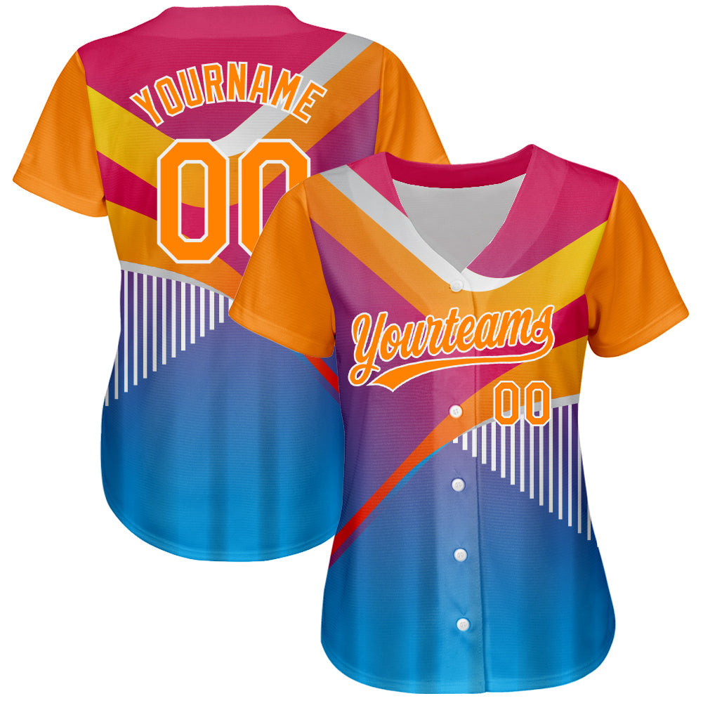 Custom Pink Bay Orange Light Blue-White 3D Pattern Design Abstract Sport Authentic Baseball Jersey view 2