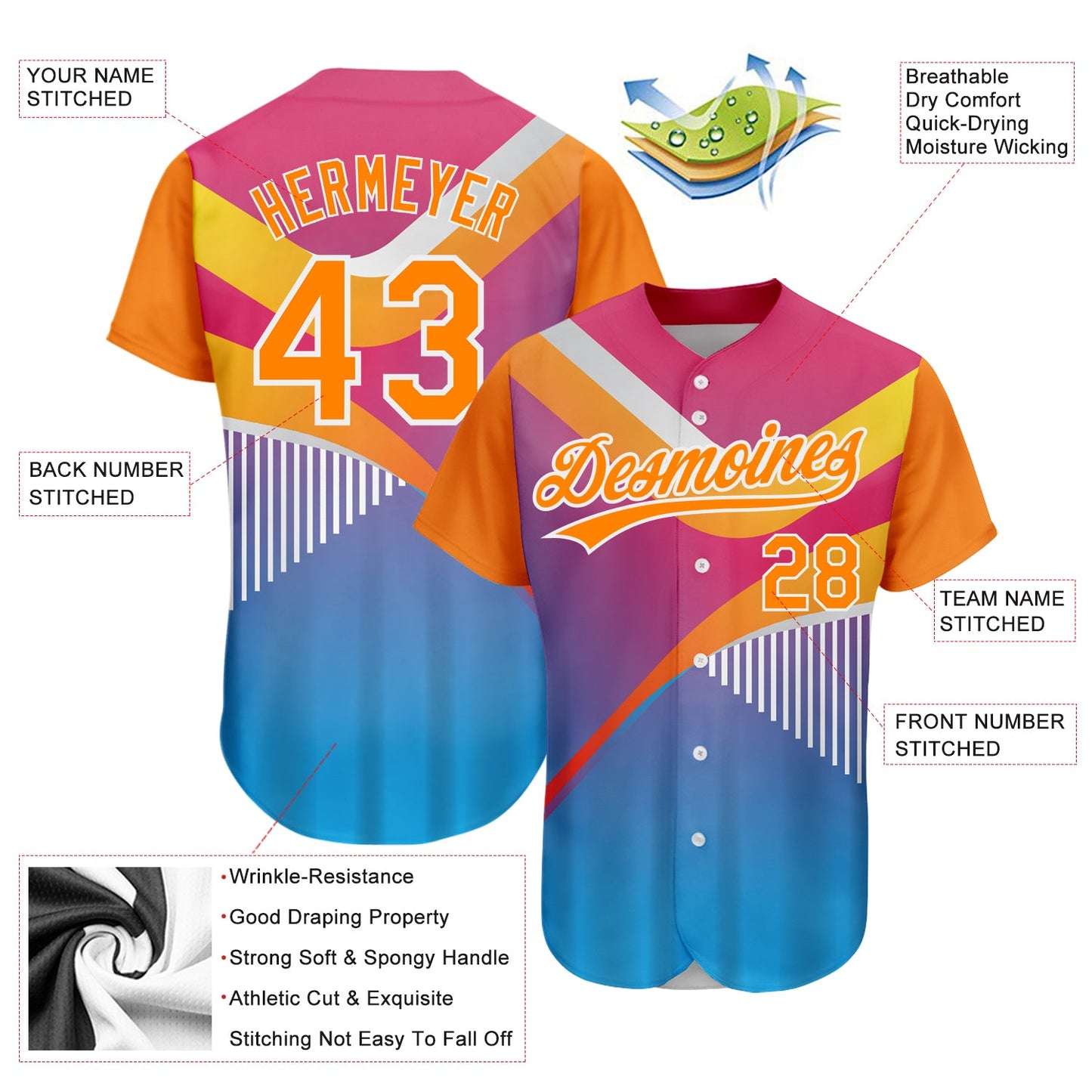 Custom Pink Bay Orange Light Blue-White 3D Pattern Design Abstract Sport Authentic Baseball Jersey view 3