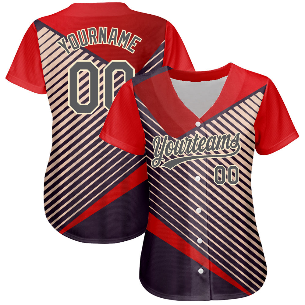Custom Red Steel Gray=Cream 3D Pattern Design Abstract Sport Authentic Baseball Jersey view 2