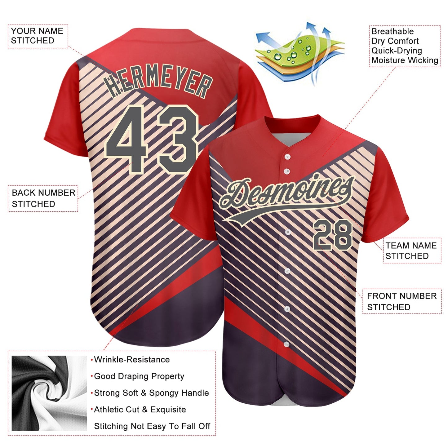 Custom Red Steel Gray=Cream 3D Pattern Design Abstract Sport Authentic Baseball Jersey view 3