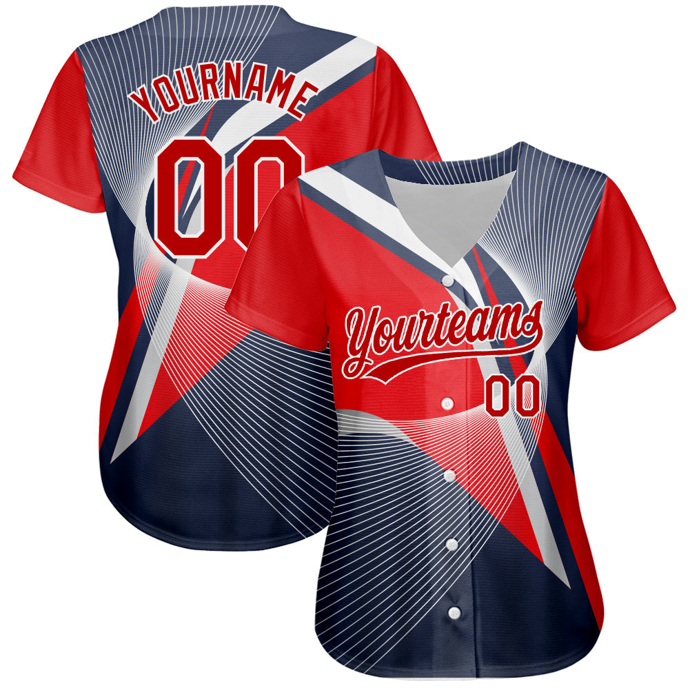 Custom Navy Red-White 3D Pattern Design Abstract Sport Authentic Baseball Jersey view 2