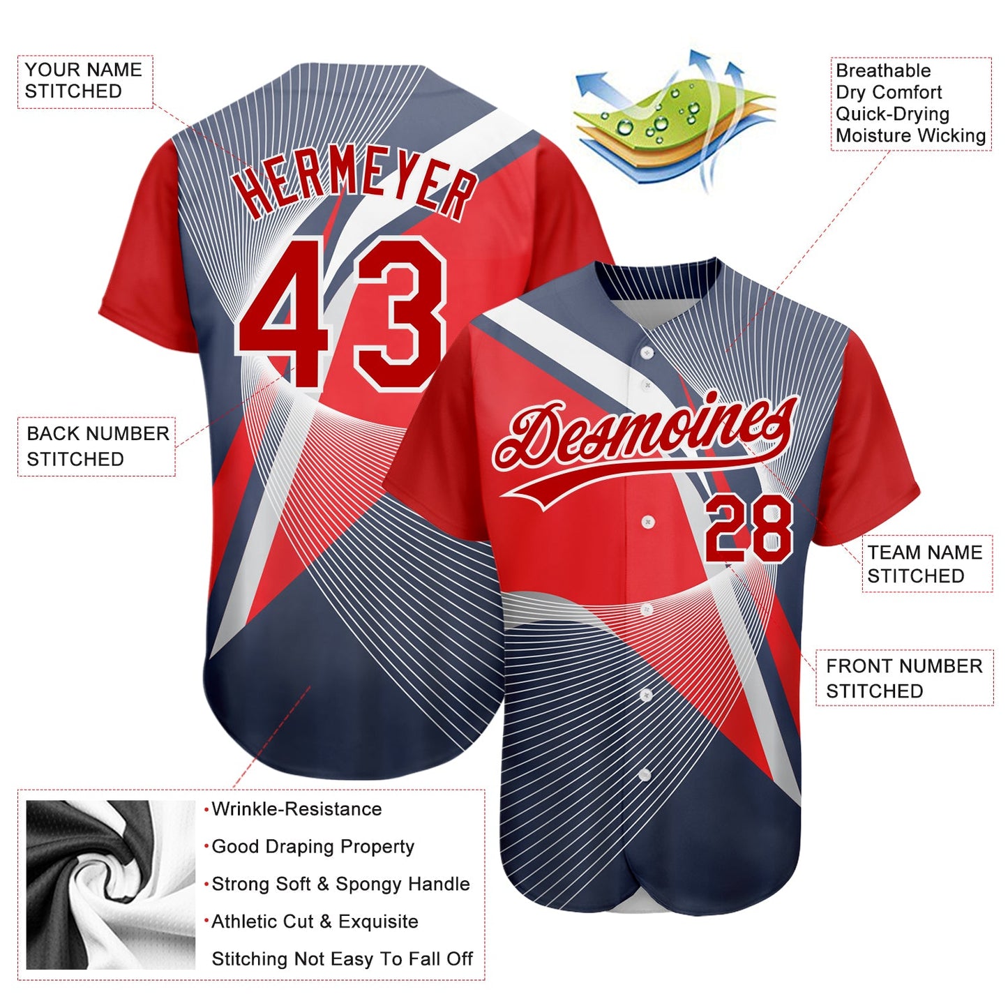Custom Navy Red-White 3D Pattern Design Abstract Sport Authentic Baseball Jersey view 3