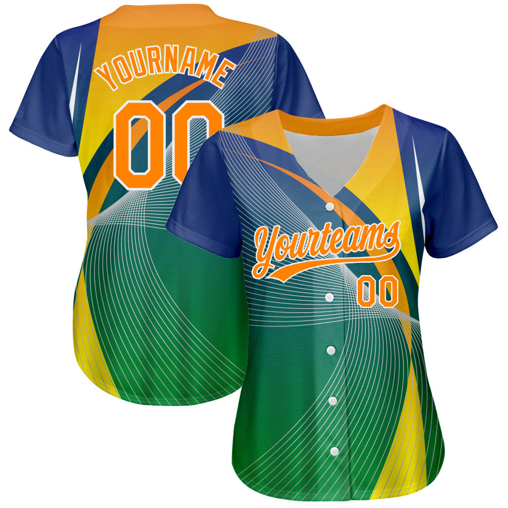 Custom Kelly Green Bay Orange-White 3D Pattern Design Abstract Sport Authentic Baseball Jersey view 2