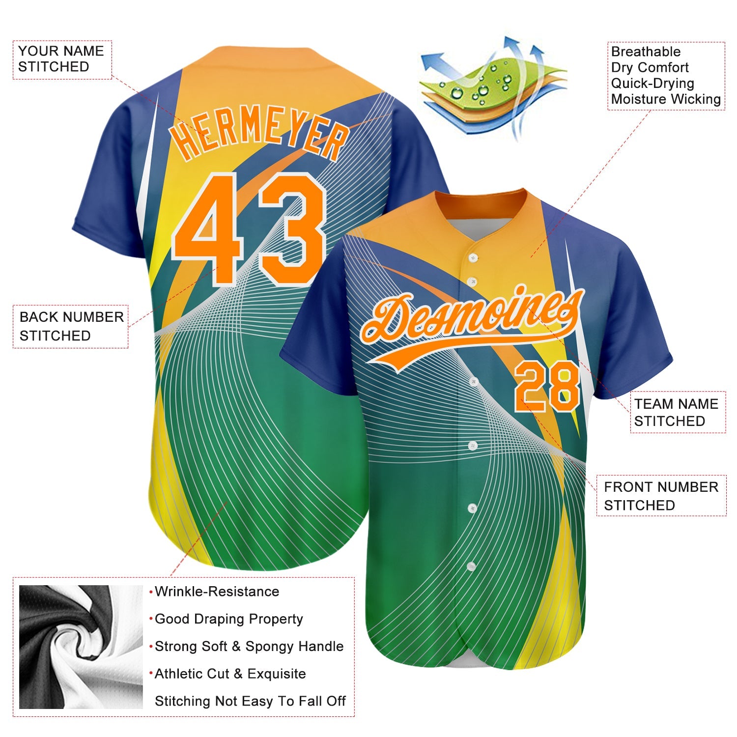 Custom Kelly Green Bay Orange-White 3D Pattern Design Abstract Sport Authentic Baseball Jersey view 3