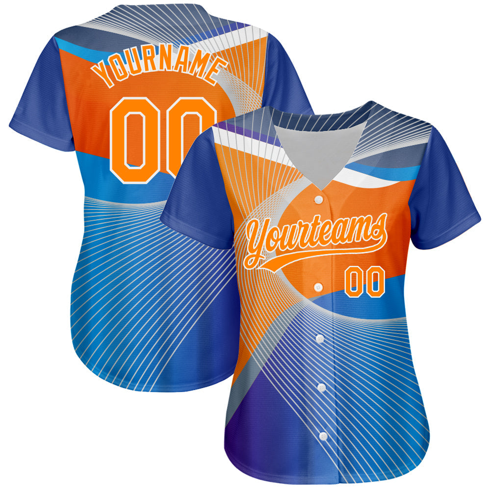 Custom Light Blue Bay Orange-White 3D Pattern Design Abstract Sport Authentic Baseball Jersey view 2