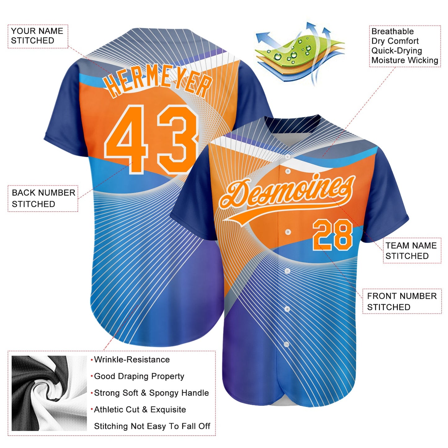 Custom Light Blue Bay Orange-White 3D Pattern Design Abstract Sport Authentic Baseball Jersey view 3