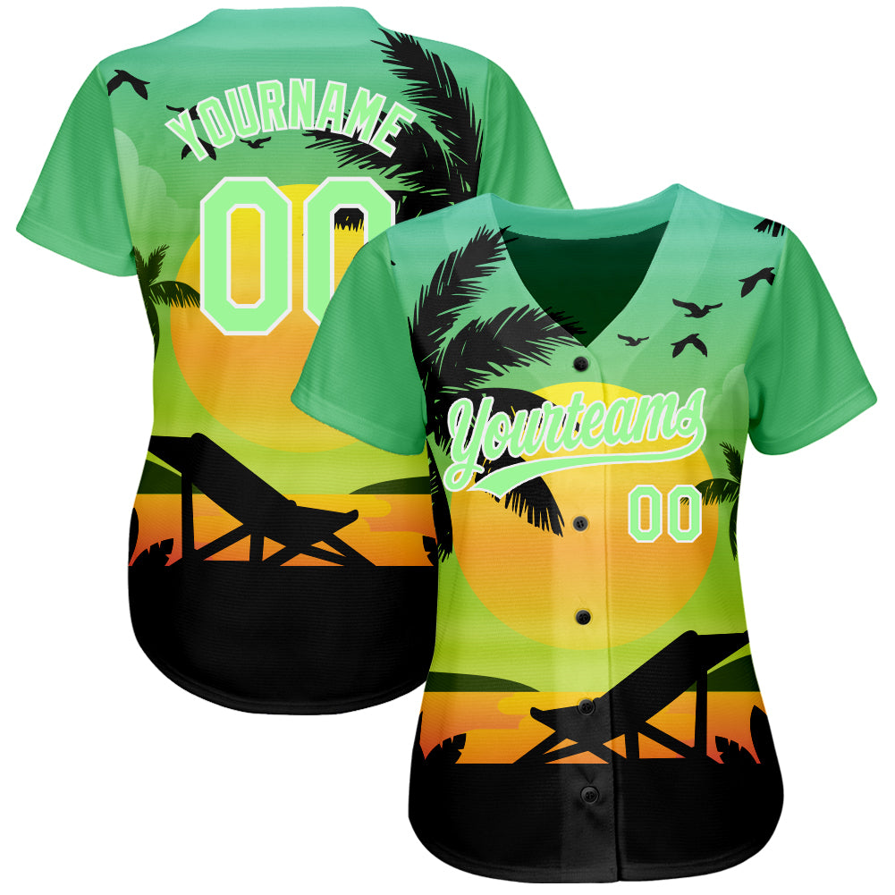 Custom Pea Green Black-White 3D Pattern Design Hawaii Palm Trees And Beach Sunset Authentic Baseball Jersey view 3