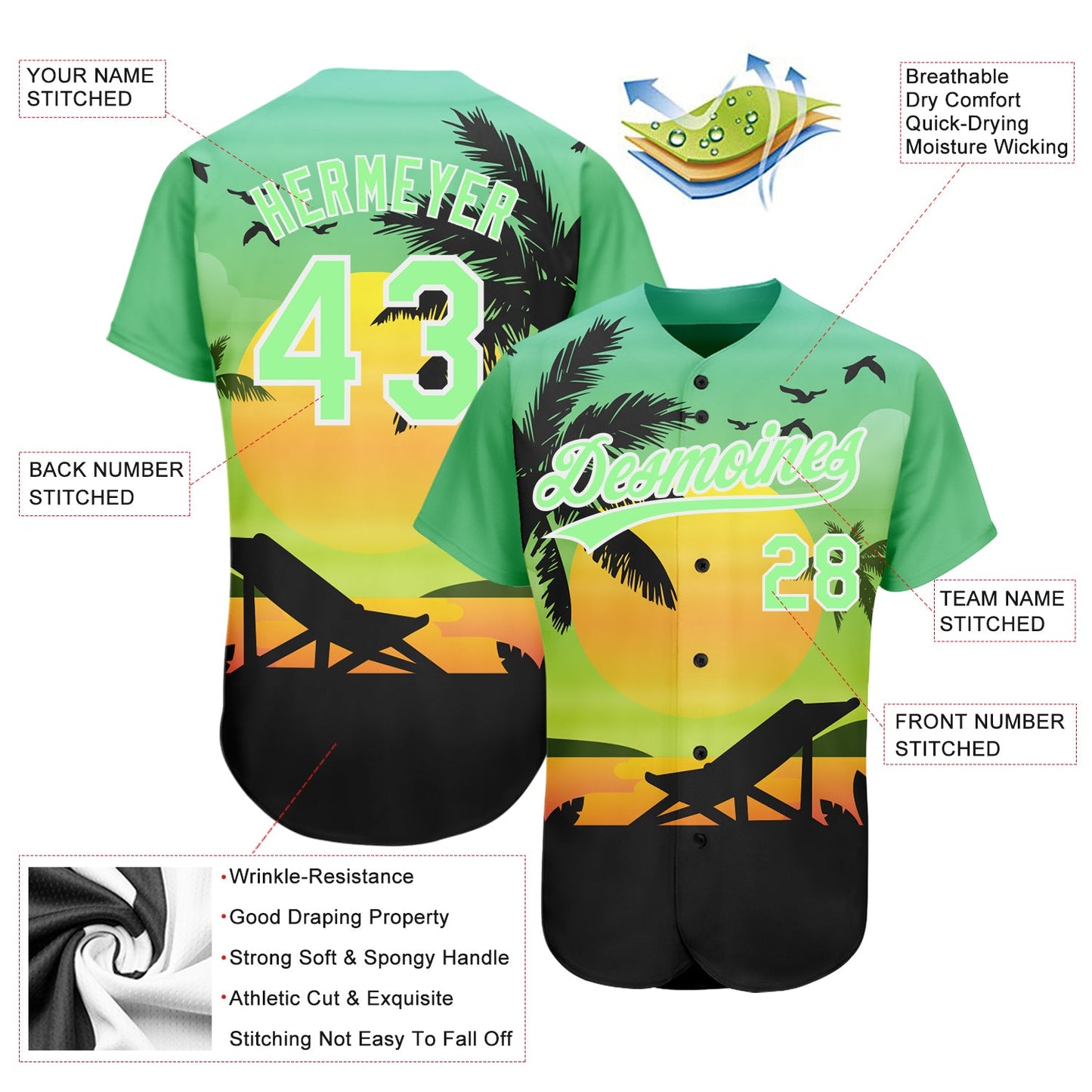 Custom Pea Green Black-White 3D Pattern Design Hawaii Palm Trees And Beach Sunset Authentic Baseball Jersey view 4