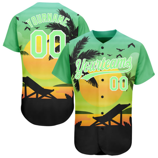 Custom Pea Green Black-White 3D Pattern Design Hawaii Palm Trees And Beach Sunset Authentic Baseball Jersey - Main View