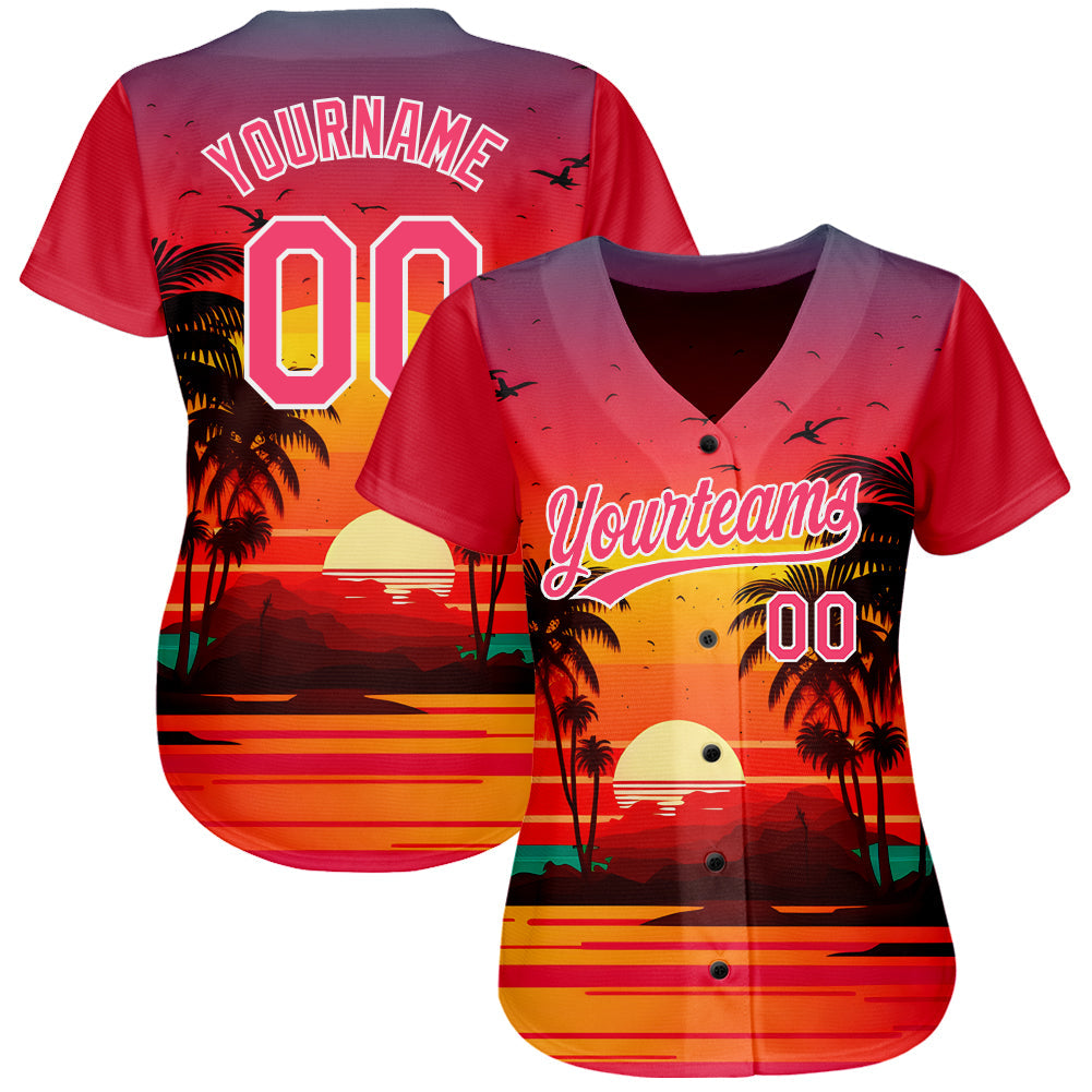 Custom Neon Pink White 3D Pattern Design Hawaii Palm Trees And Beach Sunrise Authentic Baseball Jersey view 2