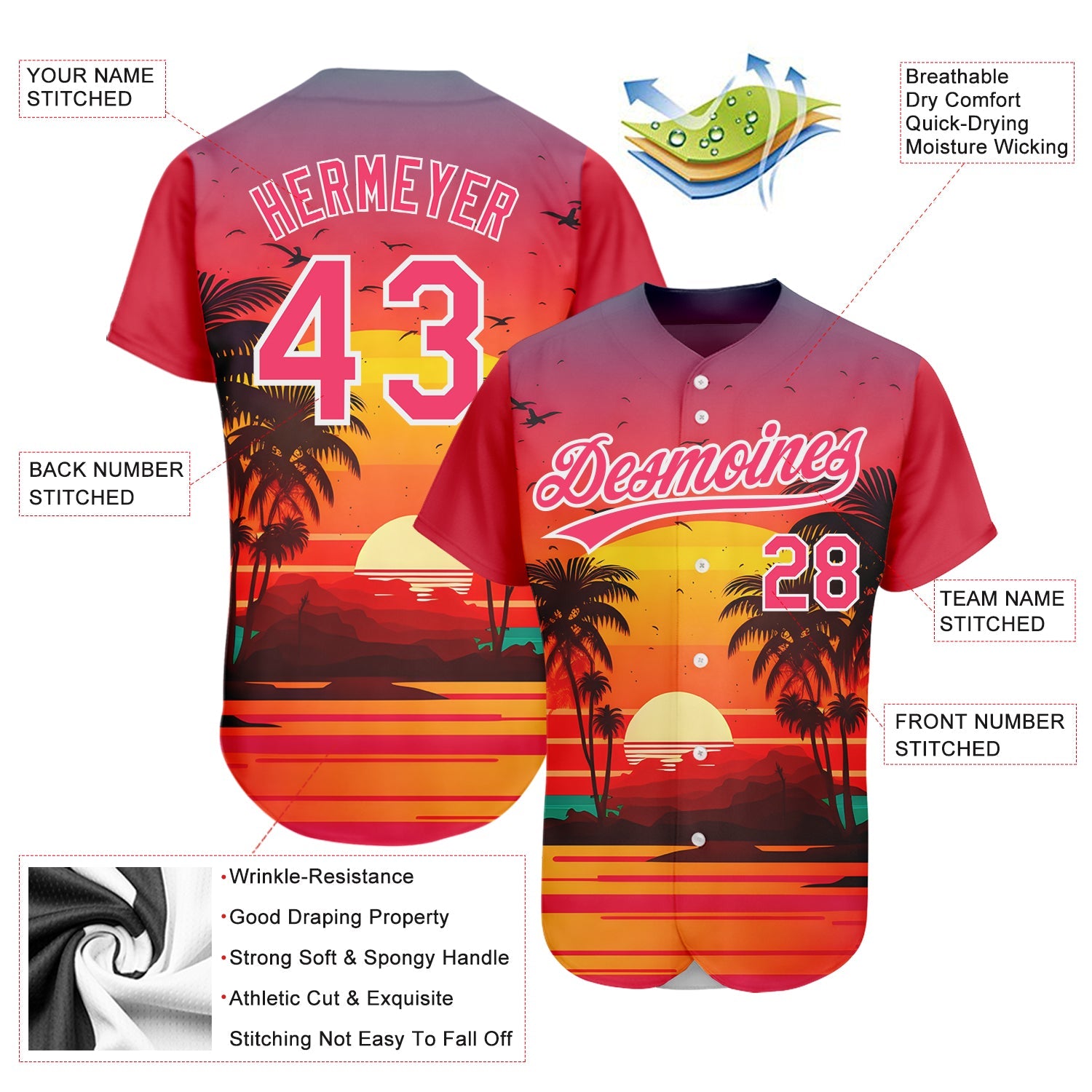 Custom Neon Pink White 3D Pattern Design Hawaii Palm Trees And Beach Sunrise Authentic Baseball Jersey view 3