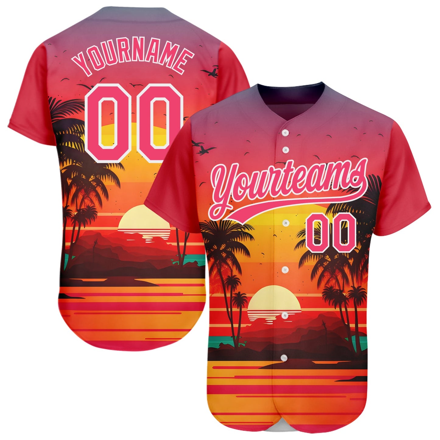 Custom Neon Pink White 3D Pattern Design Hawaii Palm Trees And Beach Sunrise Authentic Baseball Jersey - Main View