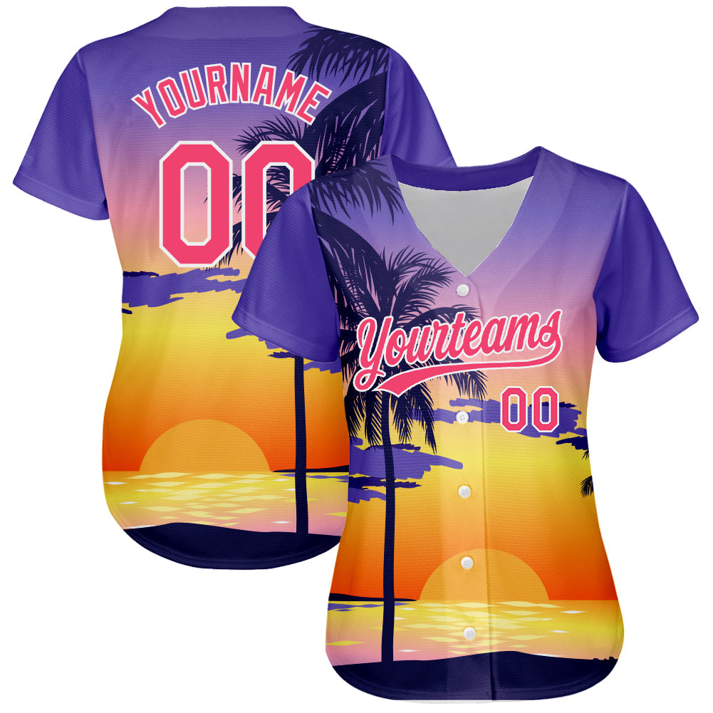 Custom Purple Neon Pink-White 3D Pattern Design Hawaii Palm Trees And Beach Sunrise Authentic Baseball Jersey view 2