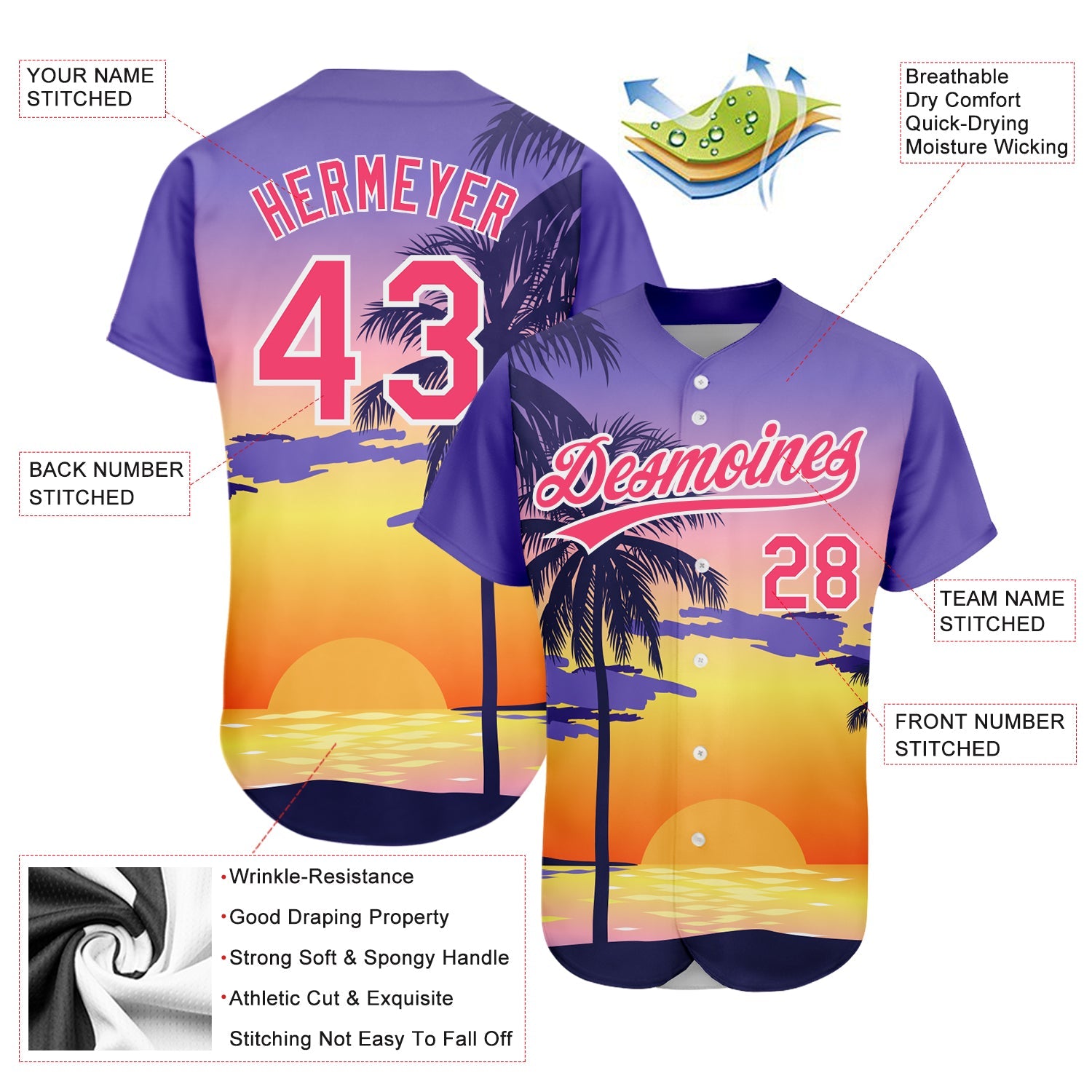 Custom Purple Neon Pink-White 3D Pattern Design Hawaii Palm Trees And Beach Sunrise Authentic Baseball Jersey view 3