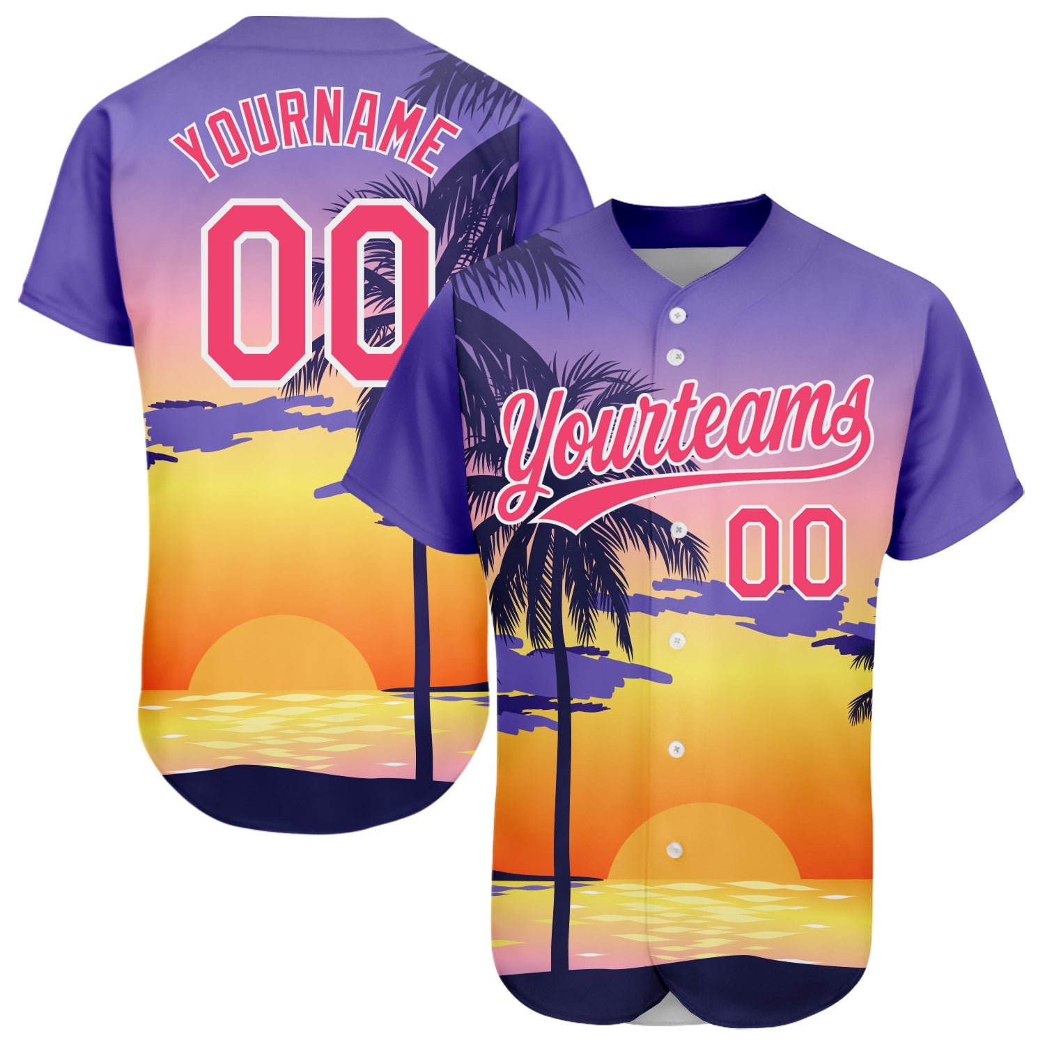 Custom Purple Neon Pink-White 3D Pattern Design Hawaii Palm Trees And Beach Sunrise Authentic Baseball Jersey - Main View