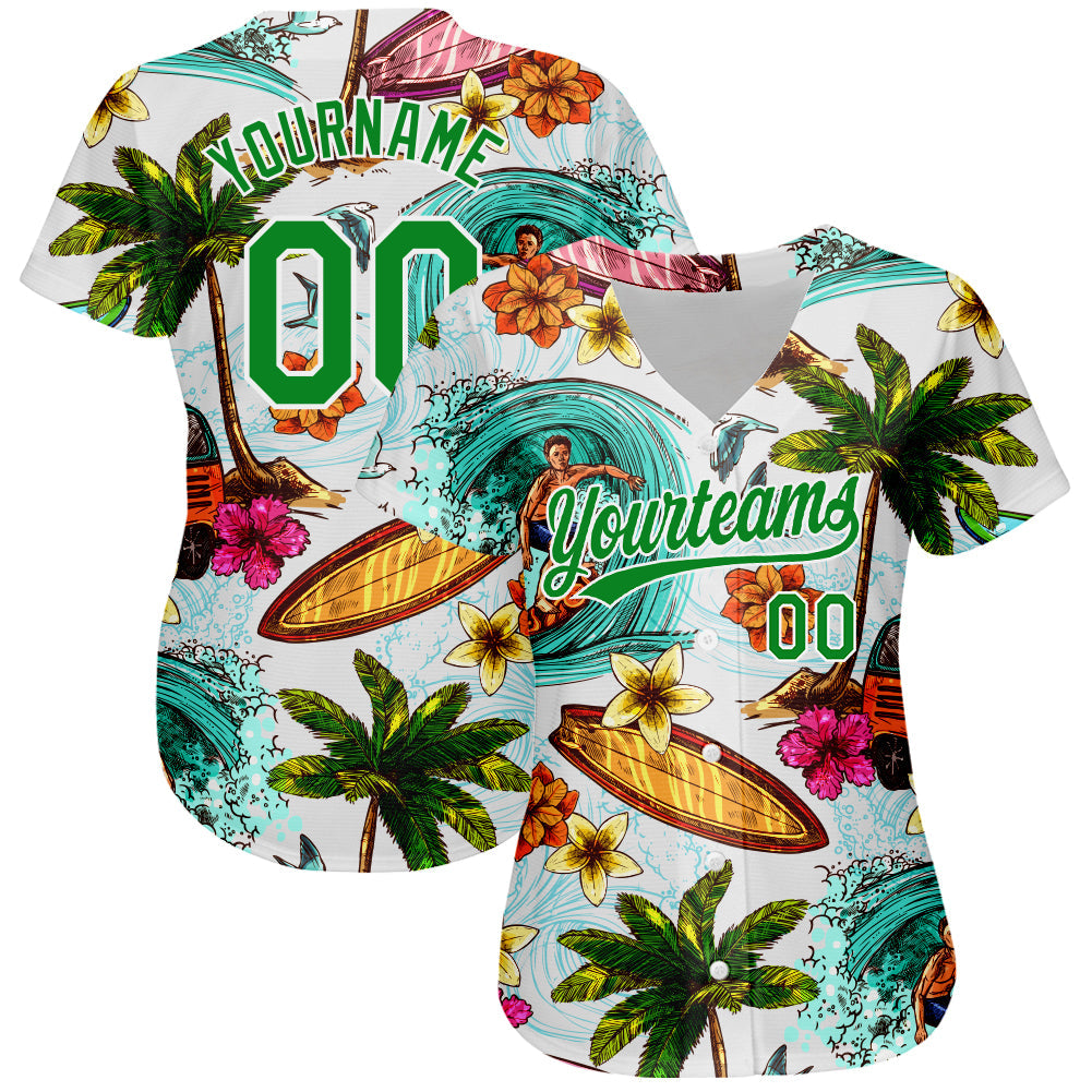 Custom White Grass Green 3D Pattern Design Hawaii Palm Trees And Beach Surfing Authentic Baseball Jersey view 2