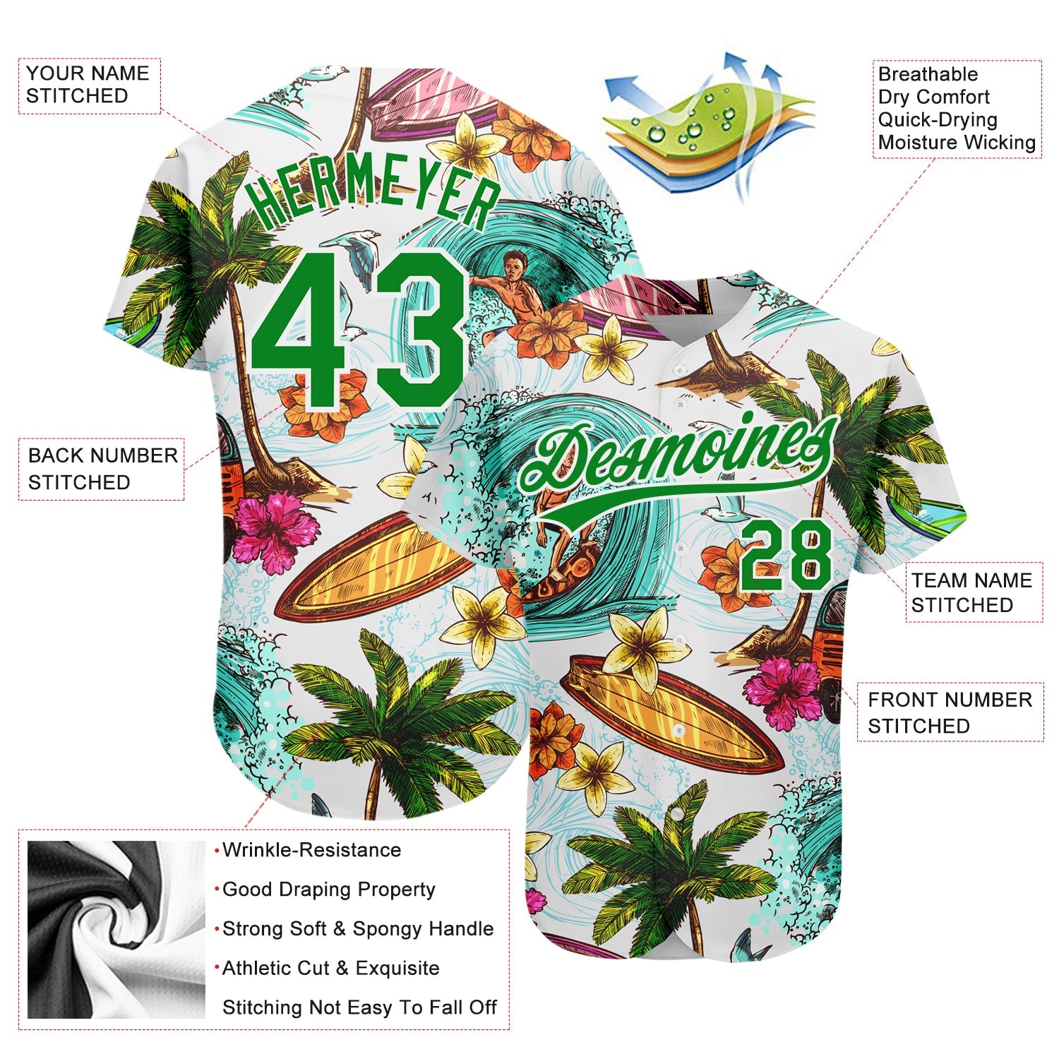 Custom White Grass Green 3D Pattern Design Hawaii Palm Trees And Beach Surfing Authentic Baseball Jersey view 3