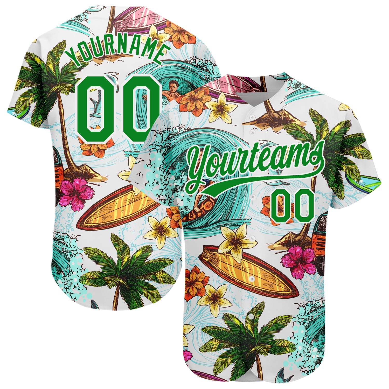 Custom White Grass Green 3D Pattern Design Hawaii Palm Trees And Beach Surfing Authentic Baseball Jersey - Main View