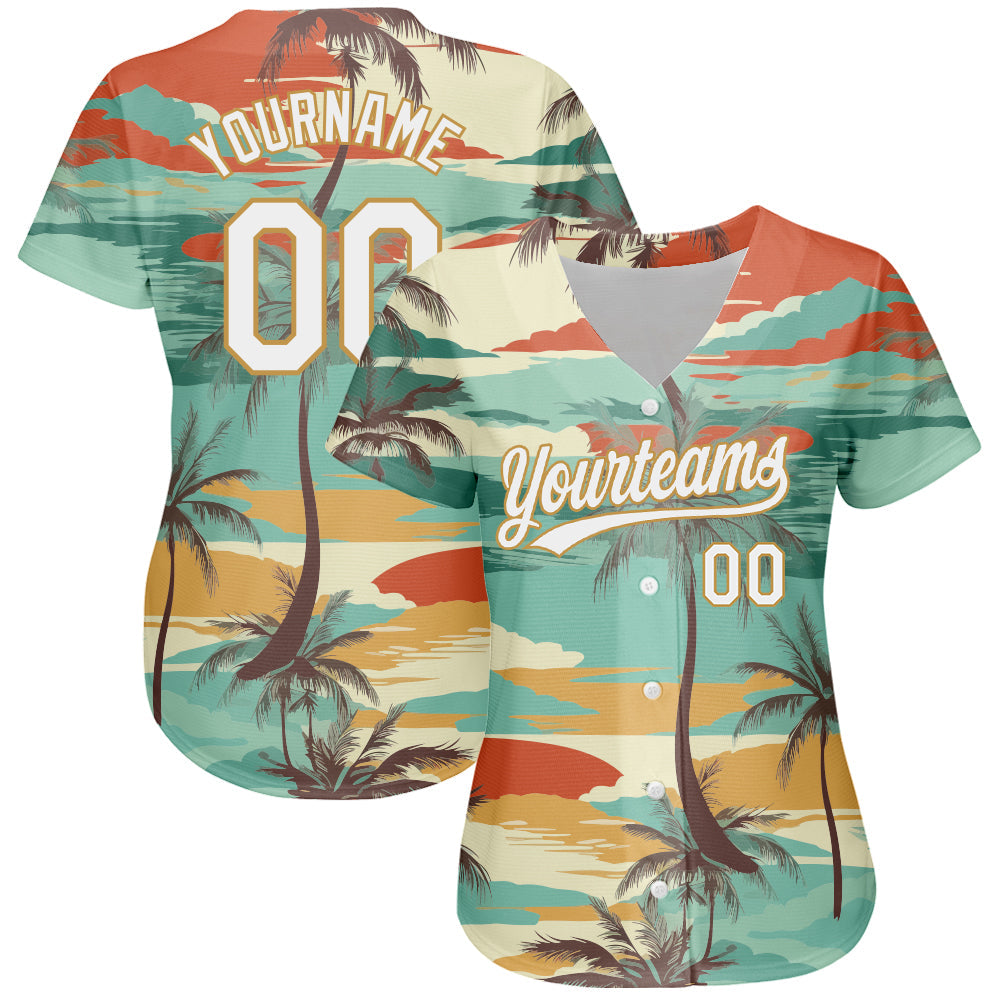 Custom Aqua White-Old Gold 3D Pattern Design Cartoon Hawaii Palm Trees Authentic Baseball Jersey view 2