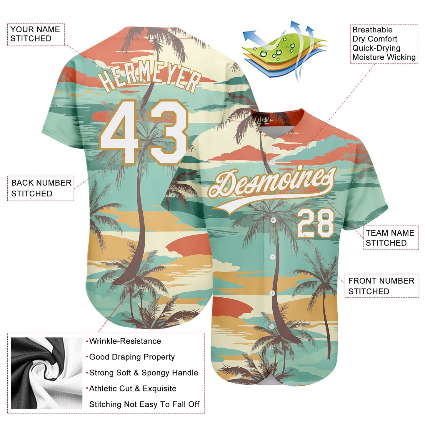 Custom Aqua White-Old Gold 3D Pattern Design Cartoon Hawaii Palm Trees Authentic Baseball Jersey view 3