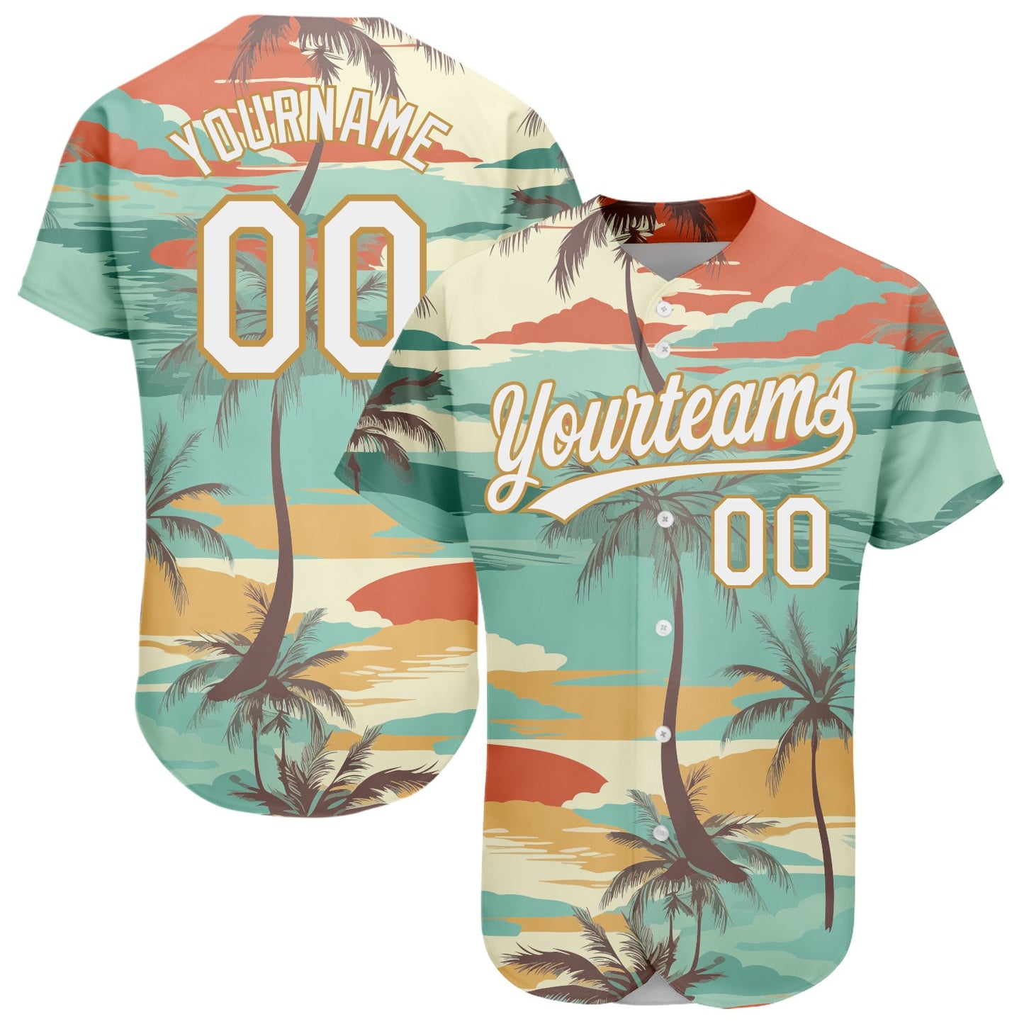 Custom Aqua White-Old Gold 3D Pattern Design Cartoon Hawaii Palm Trees Authentic Baseball Jersey - Main View