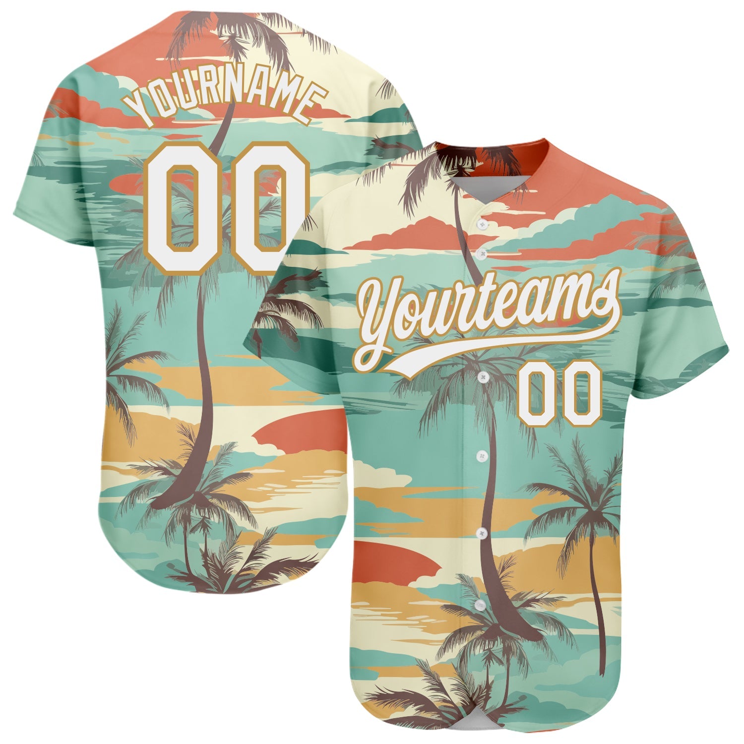 Custom Aqua White-Old Gold 3D Pattern Design Cartoon Hawaii Palm Trees Authentic Baseball Jersey - Main View