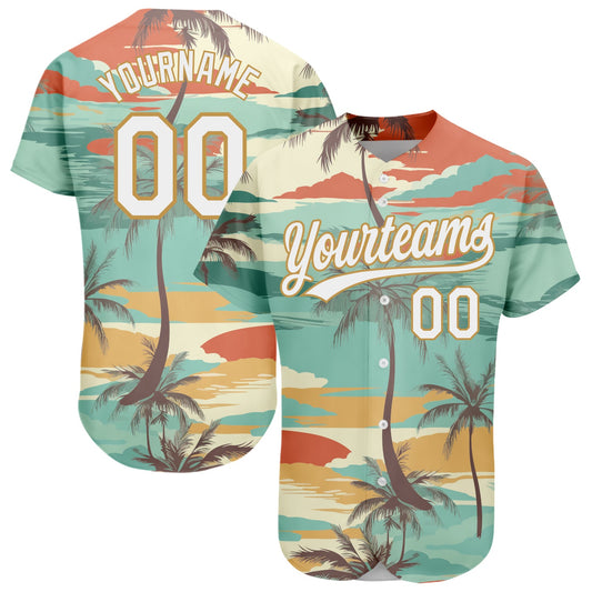 Custom Aqua White-Old Gold 3D Pattern Design Cartoon Hawaii Palm Trees Authentic Baseball Jersey - Main View