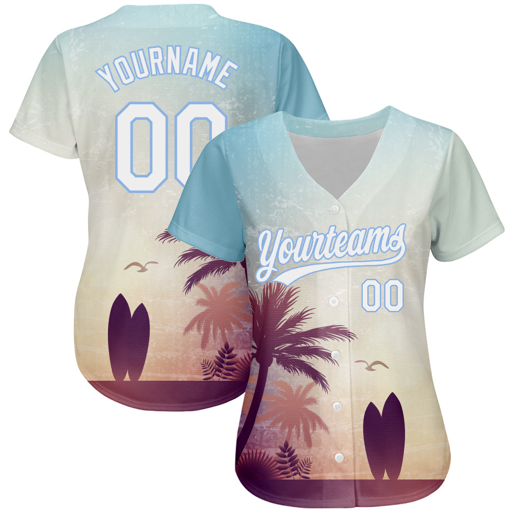 Custom Light Blue White 3D Pattern Design Hawaii Palm Trees And Beach Dusk Authentic Baseball Jersey view 2