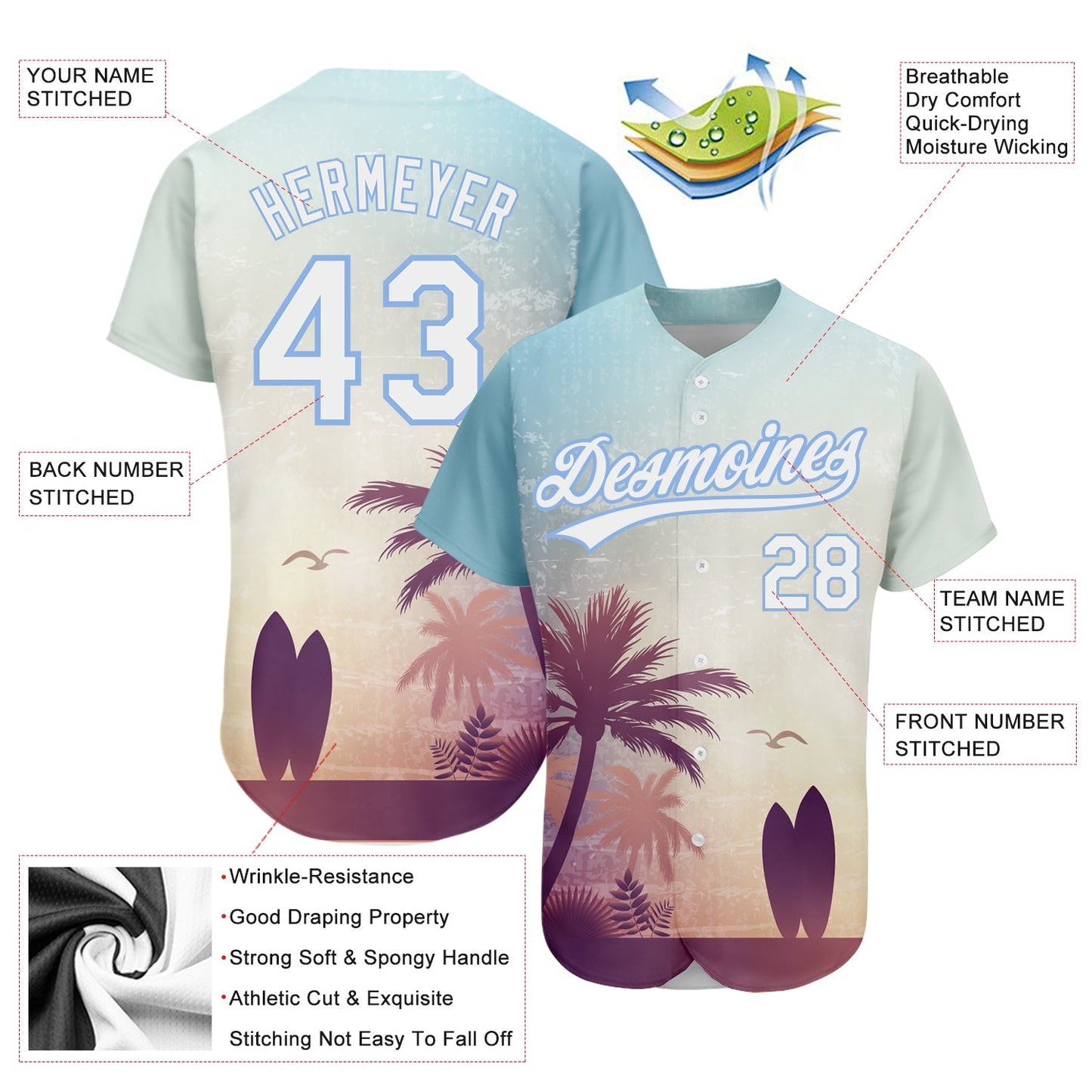 Custom Light Blue White 3D Pattern Design Hawaii Palm Trees And Beach Dusk Authentic Baseball Jersey view 3