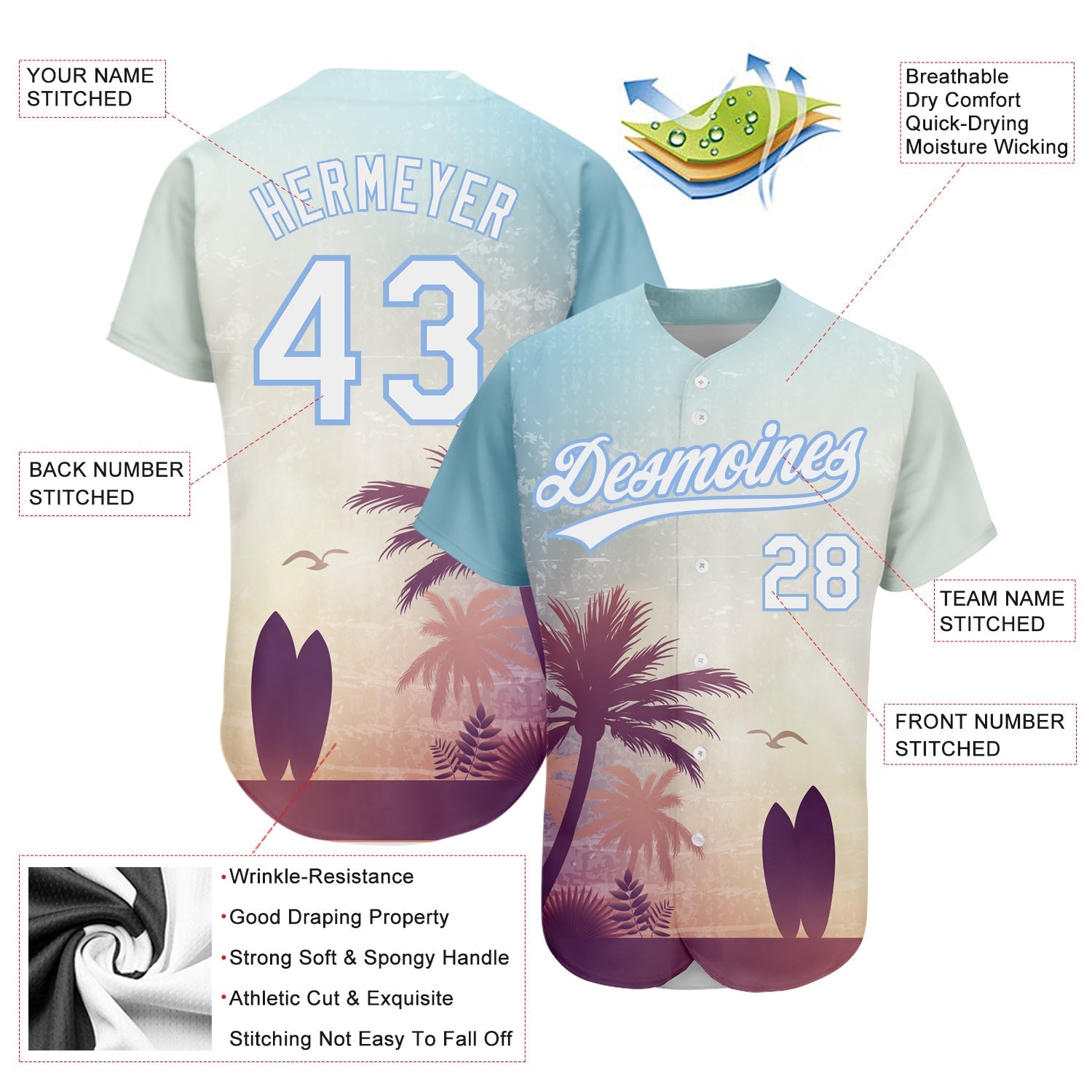 Custom Light Blue White 3D Pattern Design Hawaii Palm Trees And Beach Dusk Authentic Baseball Jersey view 3