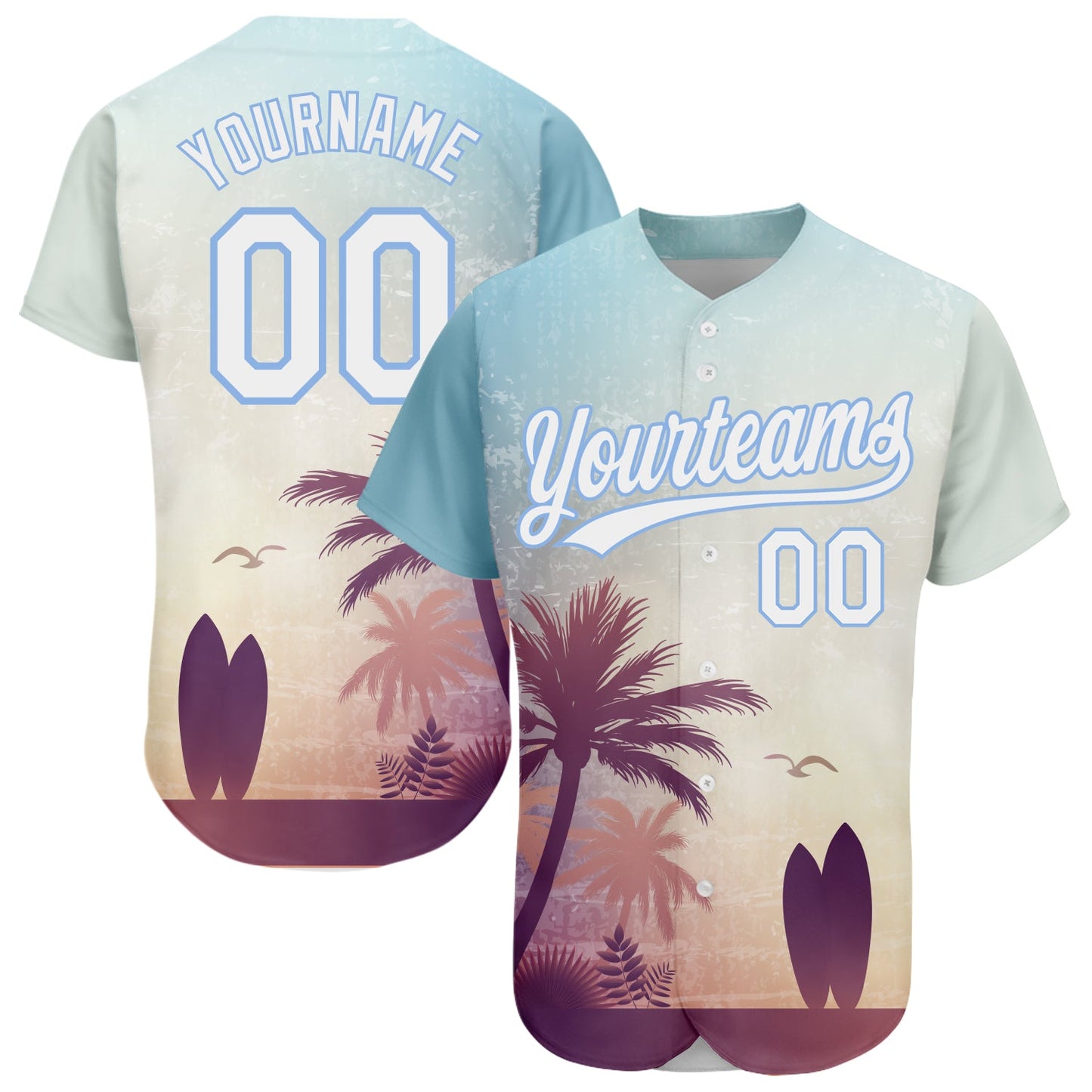 Custom Light Blue White 3D Pattern Design Hawaii Palm Trees And Beach Dusk Authentic Baseball Jersey - Main View