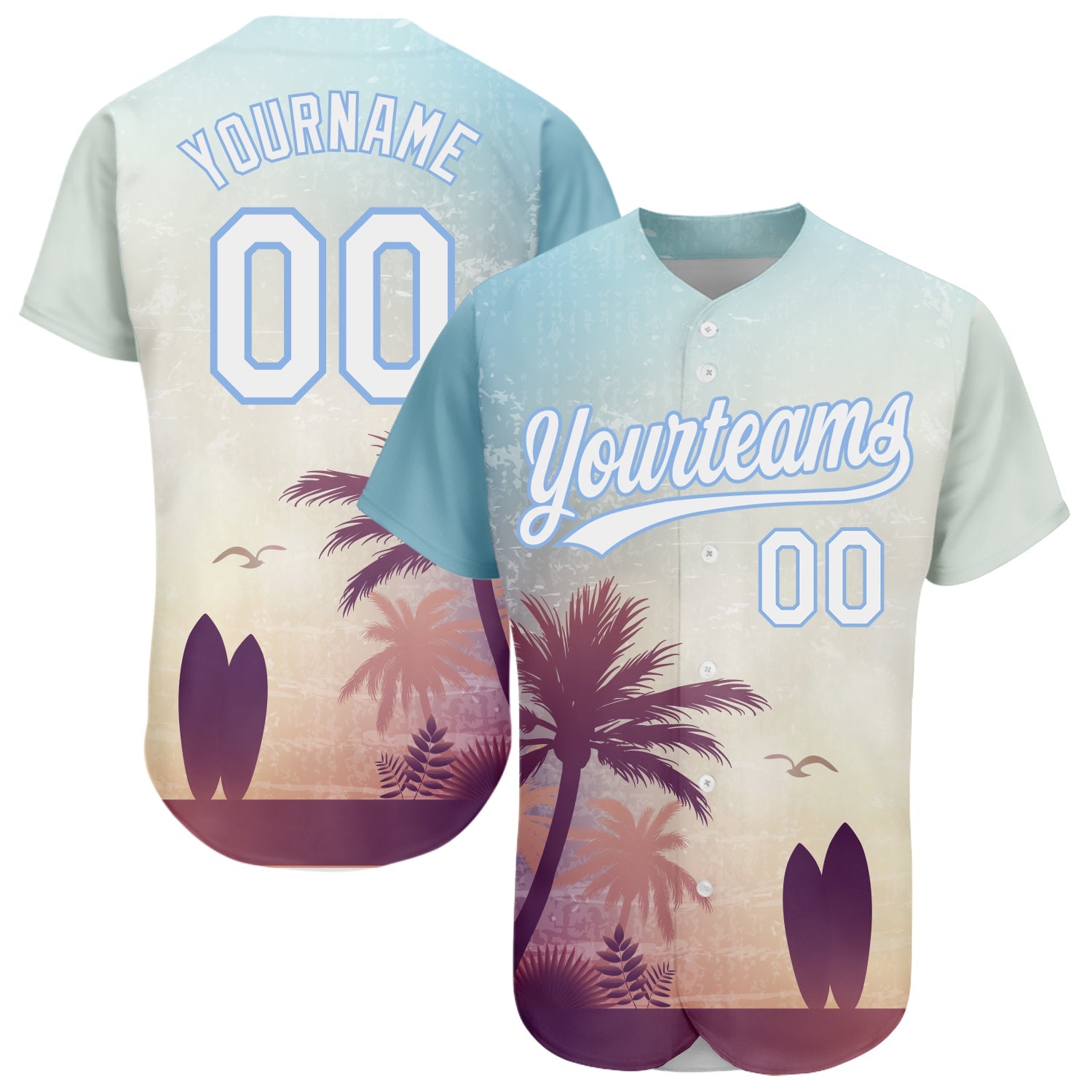Custom Light Blue White 3D Pattern Design Hawaii Palm Trees And Beach Dusk Authentic Baseball Jersey - Main View