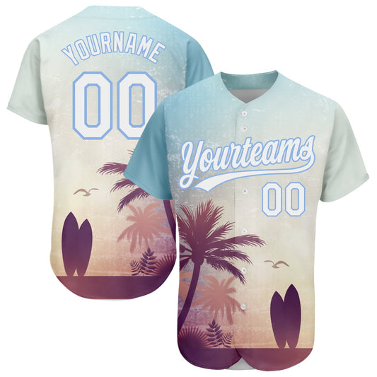 Custom Light Blue White 3D Pattern Design Hawaii Palm Trees And Beach Dusk Authentic Baseball Jersey - Main View