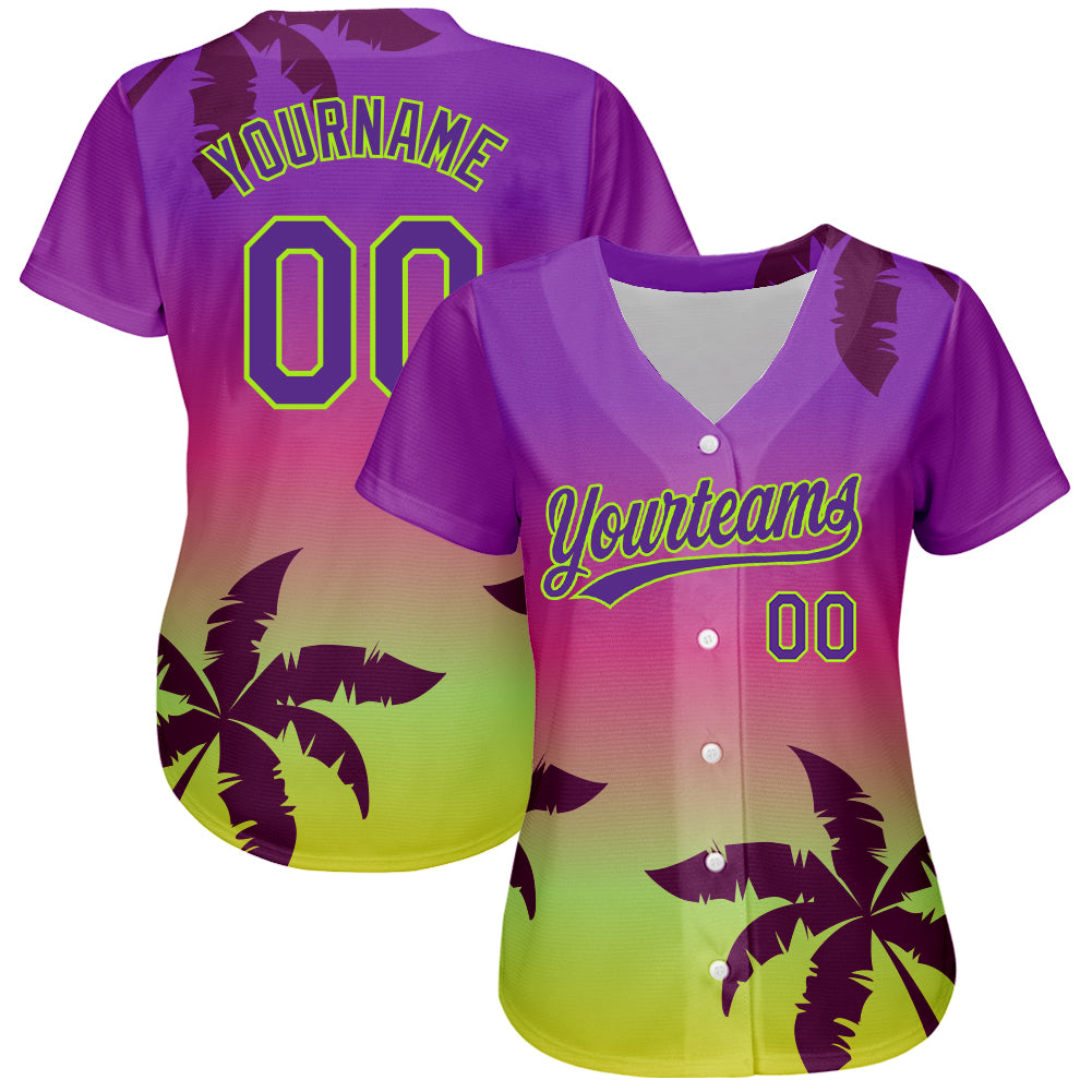 Custom Purple Neon Green 3D Pattern Design Hawaii Palm Trees Authentic Baseball Jersey view 2