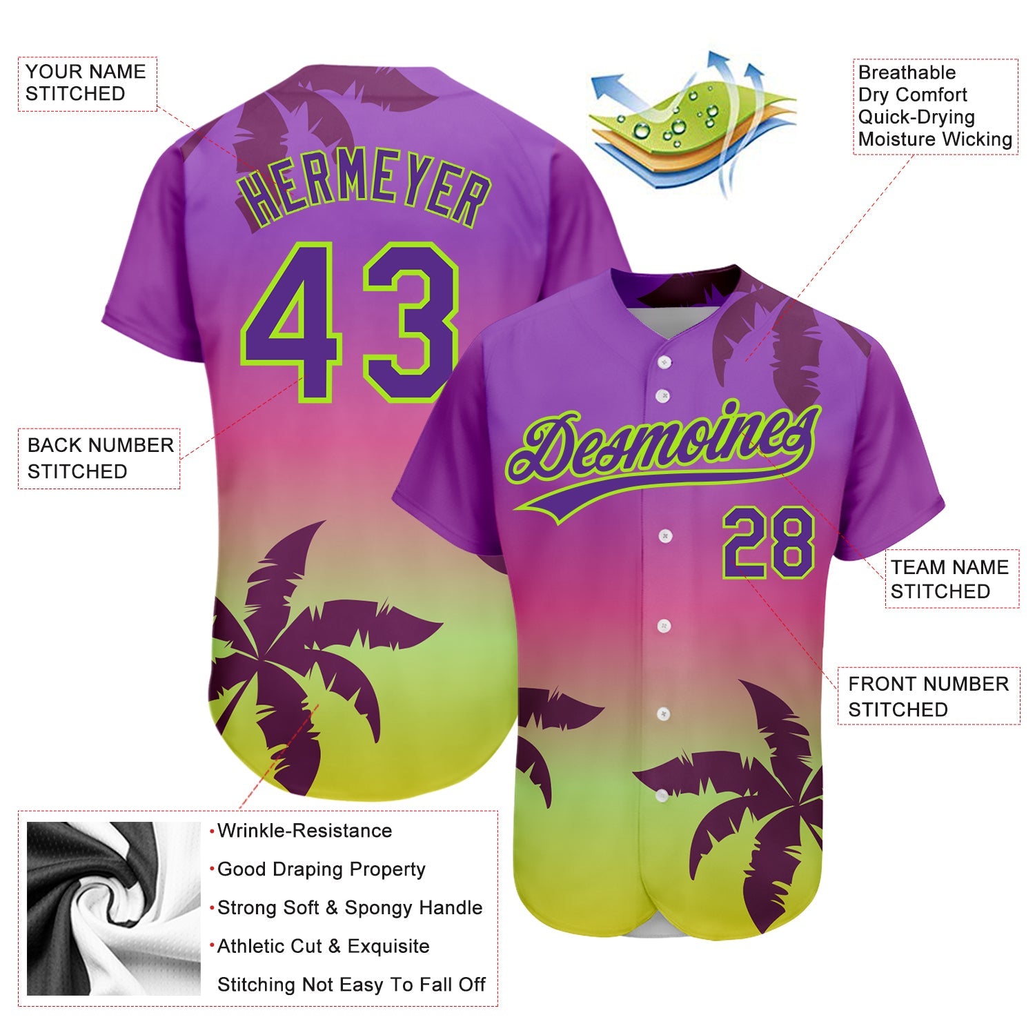Custom Purple Neon Green 3D Pattern Design Hawaii Palm Trees Authentic Baseball Jersey view 3