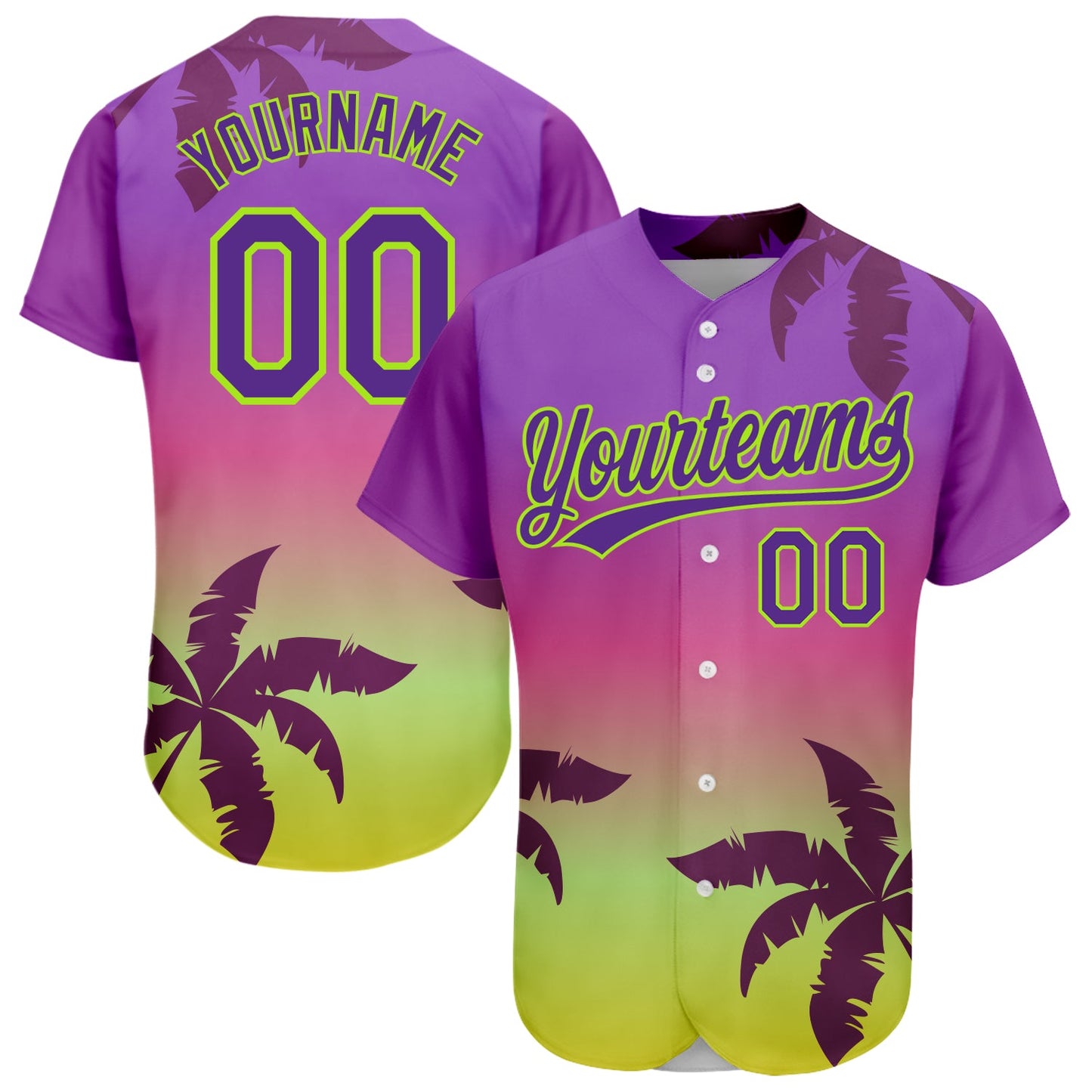 Custom Purple Neon Green 3D Pattern Design Hawaii Palm Trees Authentic Baseball Jersey - Main View