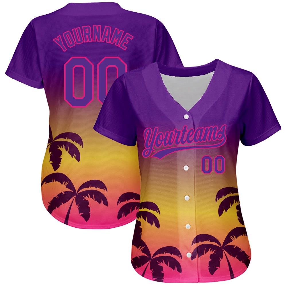 Custom Purple Hot Pink 3D Pattern Design Hawaii Palm Trees Authentic Baseball Jersey view 2