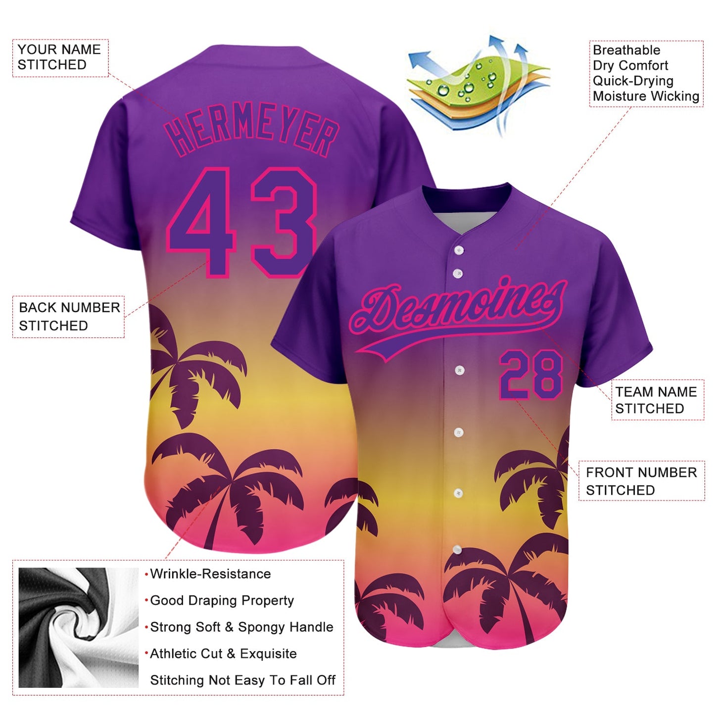 Custom Purple Hot Pink 3D Pattern Design Hawaii Palm Trees Authentic Baseball Jersey view 3