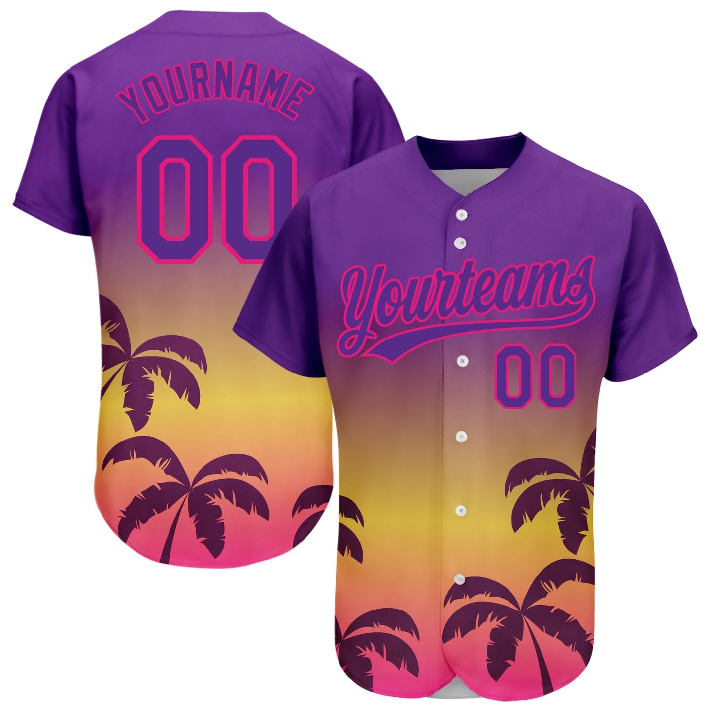 Custom Purple Hot Pink 3D Pattern Design Hawaii Palm Trees Authentic Baseball Jersey - Main View