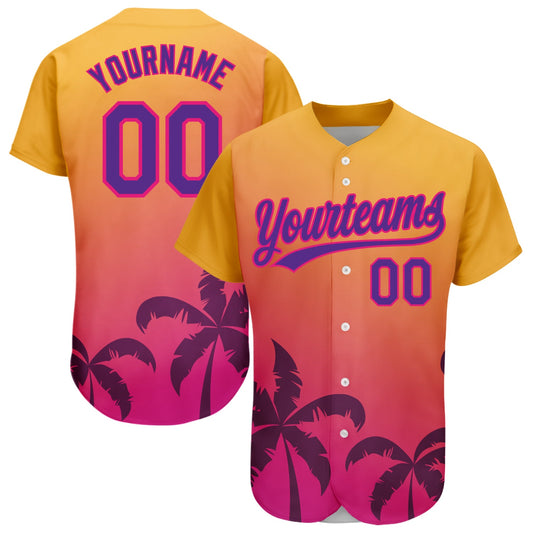 Custom Gold Purple-Hot Pink 3D Pattern Design Hawaii Palm Trees Authentic Baseball Jersey - Main View