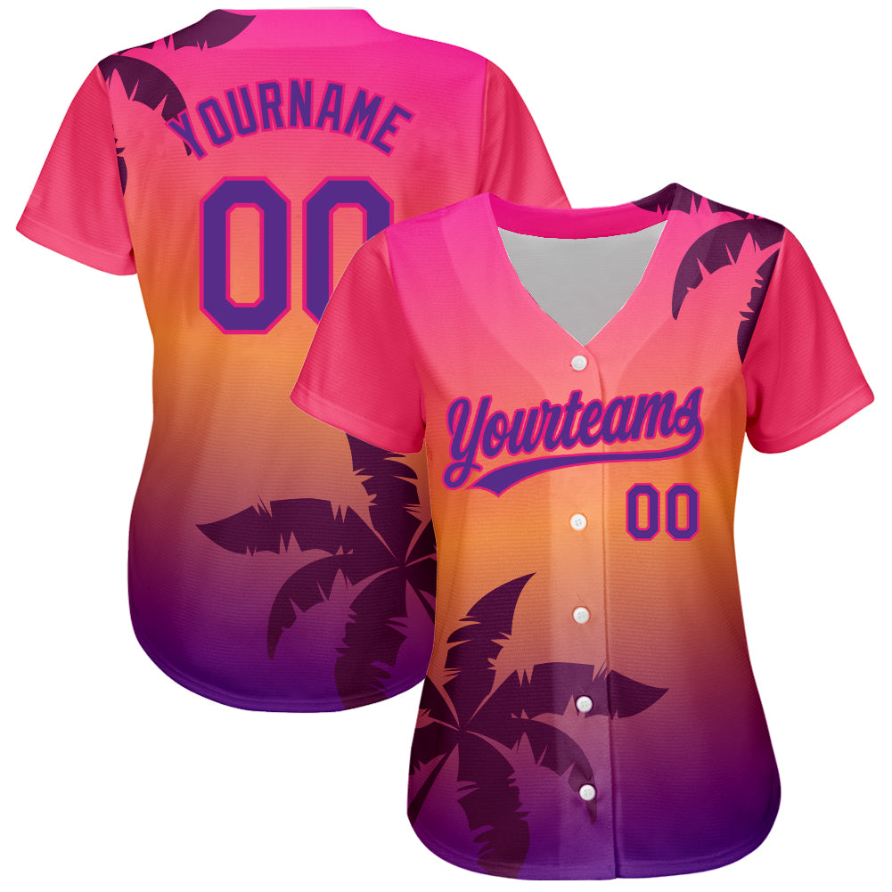 Custom Hot Pink Purple 3D Pattern Design Hawaii Palm Trees Authentic Baseball Jersey view 3
